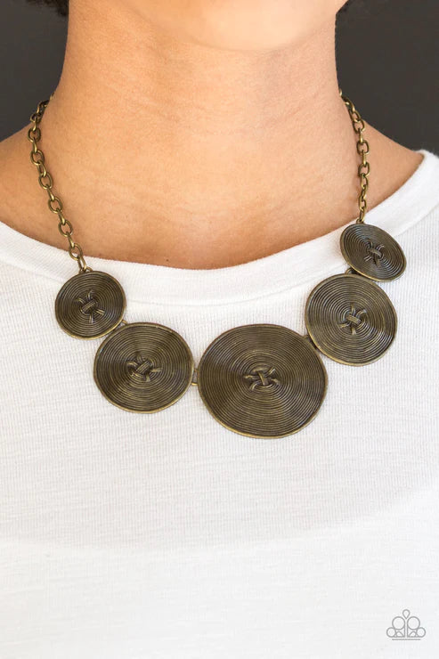Deserves A Medal - Oversized Brass Spiraling Textures Antiqued Discs Spiral Link Necklace N#4156