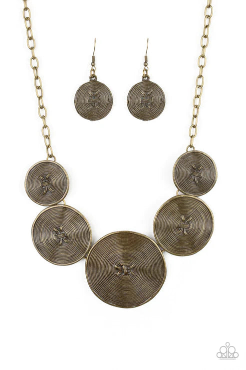 Deserves A Medal - Oversized Brass Spiraling Textures Antiqued Discs Spiral Link Necklace N#4156