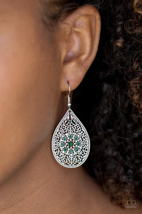 Dinner Party Posh - Green Filigree Backdrop Teardrop Earrings E#3828