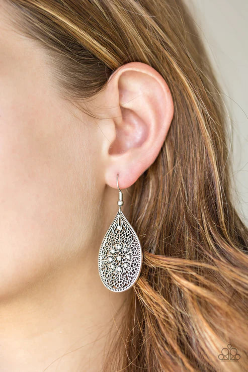 Dinner Party Posh - White Filigree Backdrop Teardrop Earrings E#5930