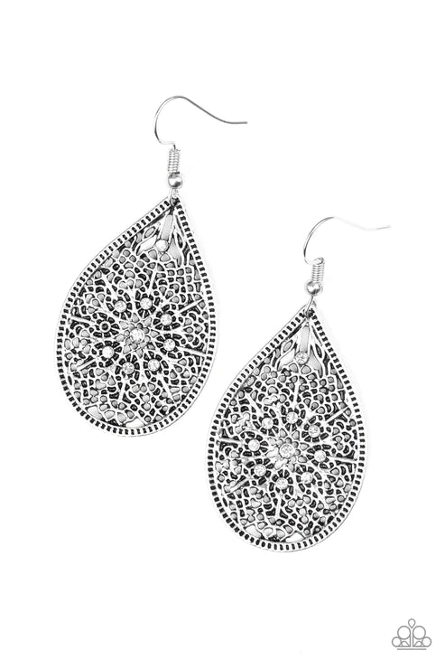 Dinner Party Posh - White Filigree Backdrop Teardrop Earrings E#5930