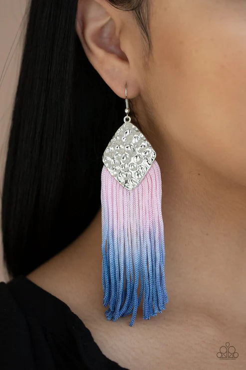Dip In - Oversized Multi (Fades- Pink To Blue) Ombre Effect Plume Cording Hammered Earrings E#2706