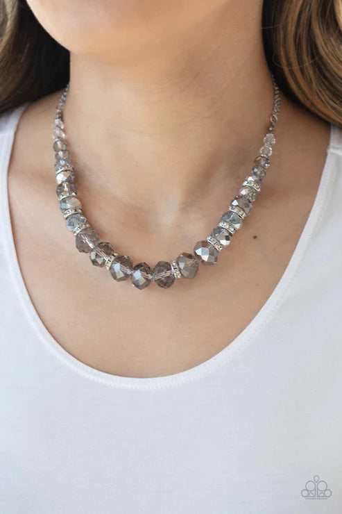 Distracted by Dazzle - Silver Metallic Flecked Crystal Encrusted Necklace N#7145