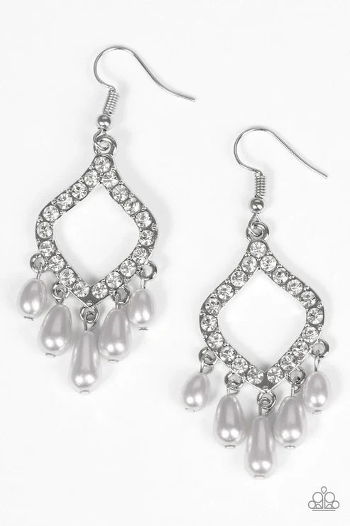 Divinely Diamond - Silver Pearl Encrusted Fringe Earrings E#1546