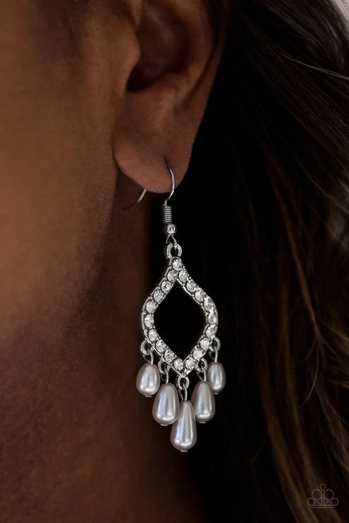 Divinely Diamond - Silver Pearl Encrusted Fringe Earrings E#1546