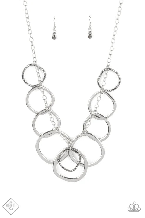 Dizzy With Desire - Oversized Silver Asymmetrical Silver Rings Encrusted Hematite Dizzying Fringe Sparkly Smolder Edgy Necklace N#7345