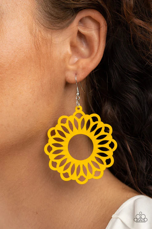 Dominican Daisy - Oversized Yellow (Sunny) Airy Whimsical Stenciled Daisy Wood Earrings E#4181