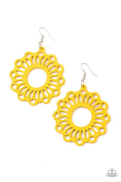 Dominican Daisy - Oversized Yellow (Sunny) Airy Whimsical Stenciled Daisy Wood Earrings E#4181