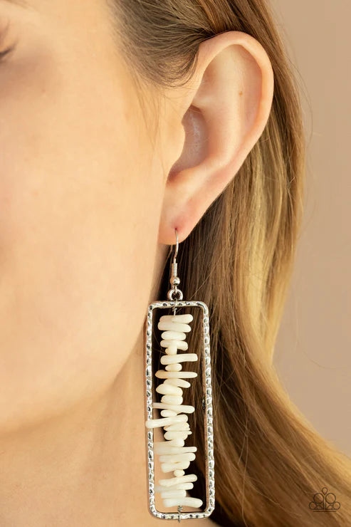 Dont QUARRY, Be Happy - Oversized White Rectangle Metal Rod Rock Bits Hammered Earrings E#3507