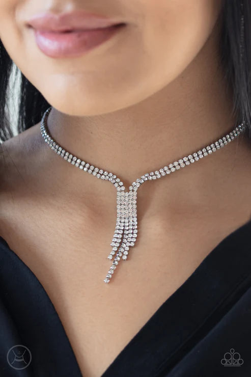 Double The Diva - White Interlocked Encrusted Tassel Choker Necklace N#2771