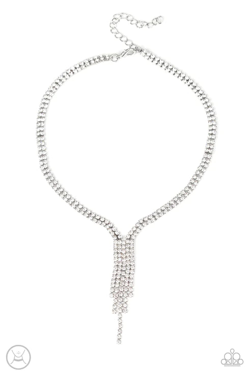Double The Diva - White Interlocked Encrusted Tassel Choker Necklace N#2771