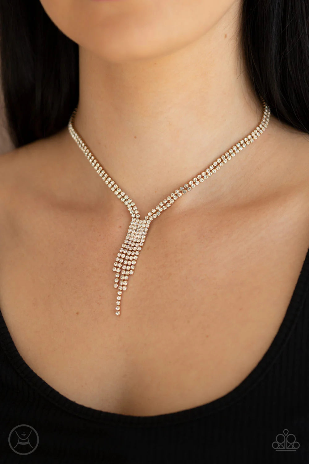 Double The Diva - Gold Interlocked Encrusted Tassel Fringe Necklace N#7138