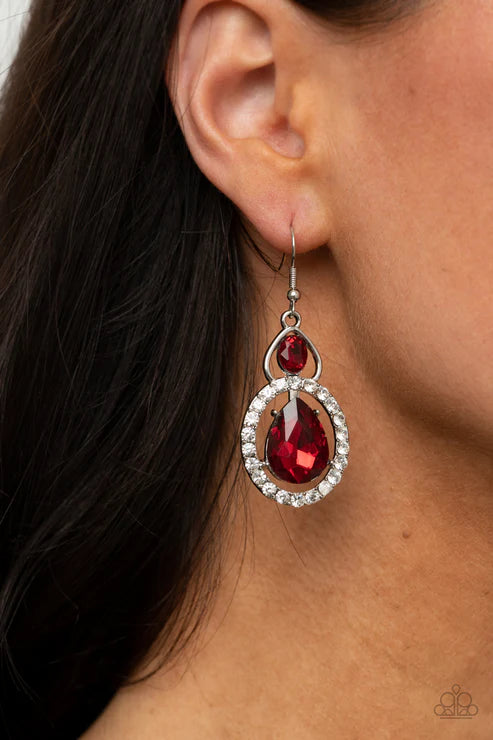 Double The Drama - Oversized Red Airy Double Oval Nestled Encrusted Teardrop Earrings E#100