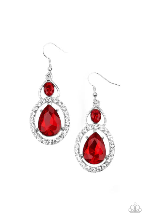 Double The Drama - Oversized Red Airy Double Oval Nestled Encrusted Teardrop Earrings E#100