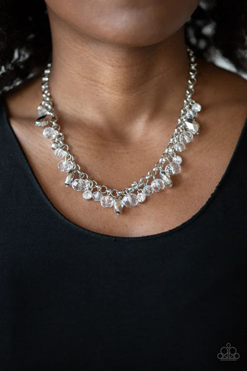 Downstage Dazzle - White/Silver Faceted Crystal Fringe Necklace N#3099