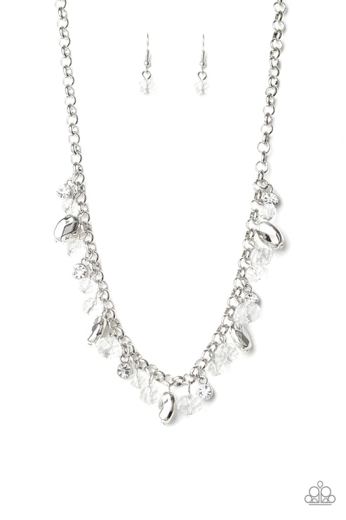 Downstage Dazzle - White/Silver Faceted Crystal Fringe Necklace N#3099