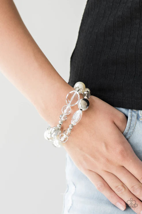 Downtown Dazzle - Oversized White Pearl Crystal Accent Bracelet Stack B#3103