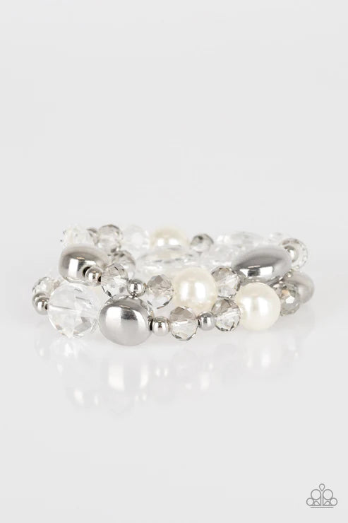 Downtown Dazzle - Oversized White Pearl Crystal Accent Bracelet Stack B#3103