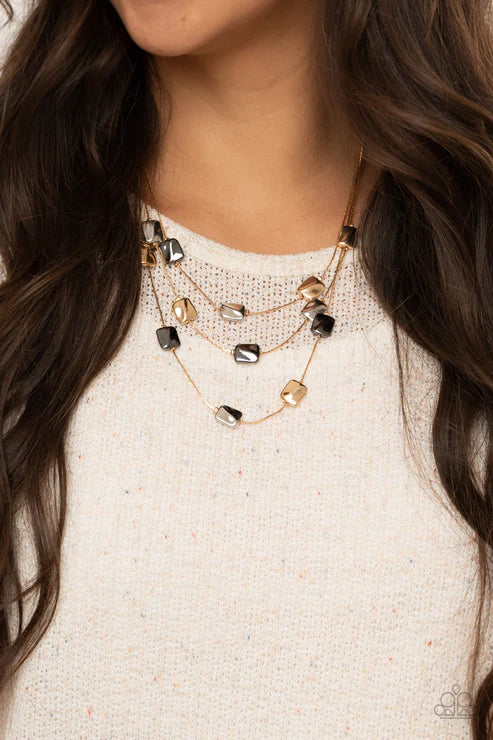 Downtown Reflections - Gold Multi Rectangular Layered Necklace N#2781