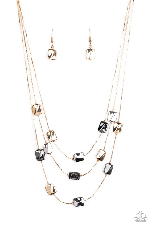 Downtown Reflections - Gold Multi Rectangular Layered Necklace N#2781
