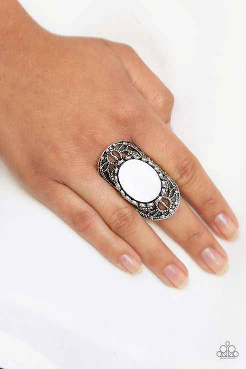 Drama Dream - Oversized White Studded Filigree Ring R#5895