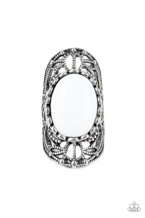 Drama Dream - Oversized White Studded Filigree Ring R#5895