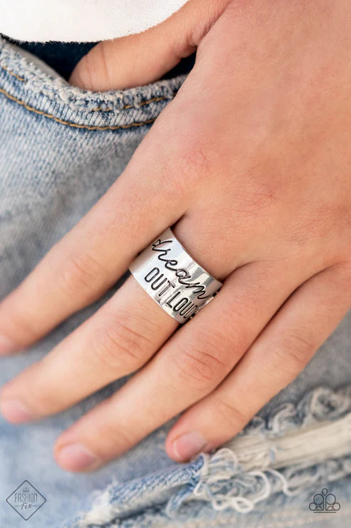 Dream Louder - Oversized Silver Stamped "Dream Out Loud" Inspirational Ring R#6681