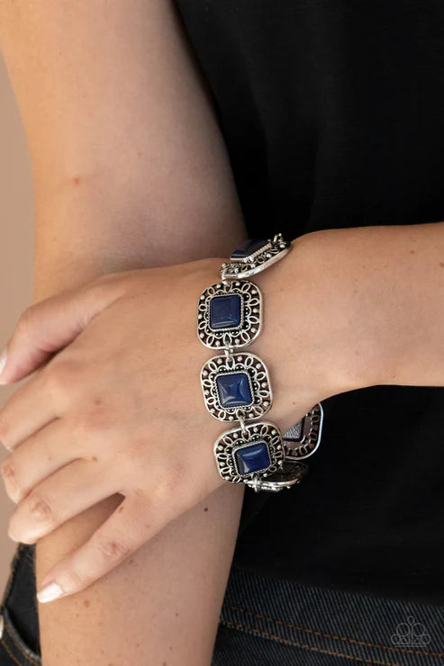 Dreamy Destinations - Oversized Blue Dotted Square Filigree Cat's Eye Moonstone Bracelet B#4475