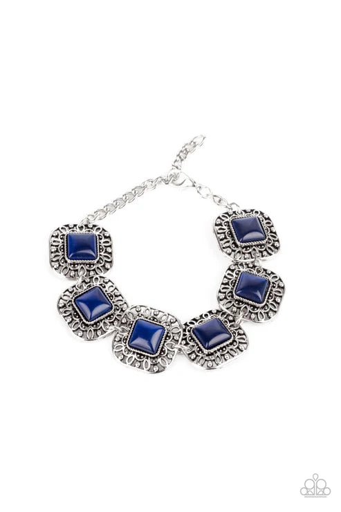 Dreamy Destinations - Oversized Blue Dotted Square Filigree Cat's Eye Moonstone Bracelet B#4475