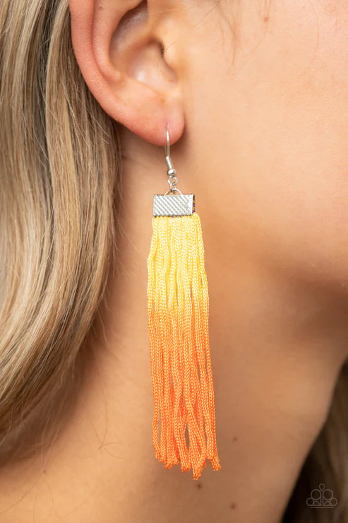 Dual Immersion - Yellow (Yellow/Amberglow) Hammered Immersion Tassel Fringe Earrings E#2973
