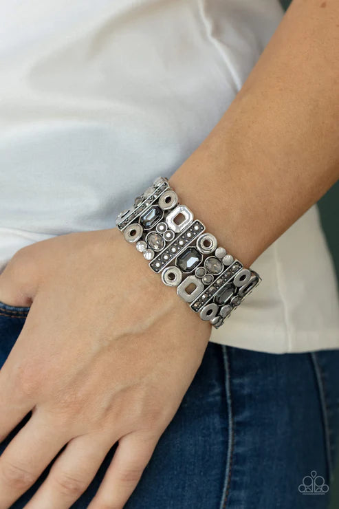 Dynamically Diverse - Silver Mismatched Geometric Intense Oval/Round/Emerald Cut Smoky Hematite Encrusted Studded Bracelet B#6680