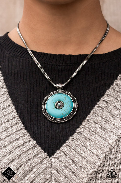 EPICENTER of Attention - Oversized Blue Double Strands Silver Box Chain Round Stone Set Inside Antiqued Frame Highlighted Raised Dots Concentric Circles Center Pendant Mesmerizing Finish Necklace N#7356