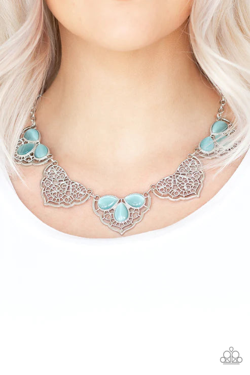 East Coast Essence - Blue Airy 3D Lacy Filigree Cat's Eye Moonstone Connected Teardrop Fringe Necklace N#5725