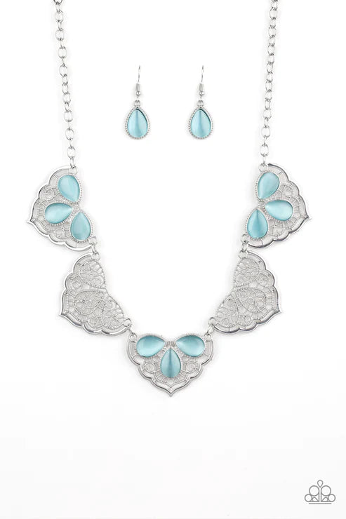 East Coast Essence - Blue Airy 3D Lacy Filigree Cat's Eye Moonstone Connected Teardrop Fringe Necklace N#5725