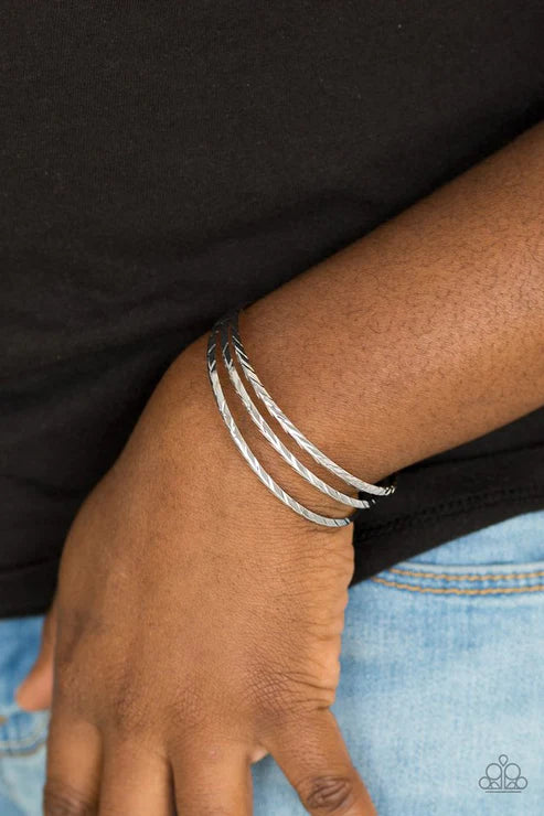 Eastern Empire - Silver Airy Etched Geometric Arc Bar Cuff Bracelet B#4664