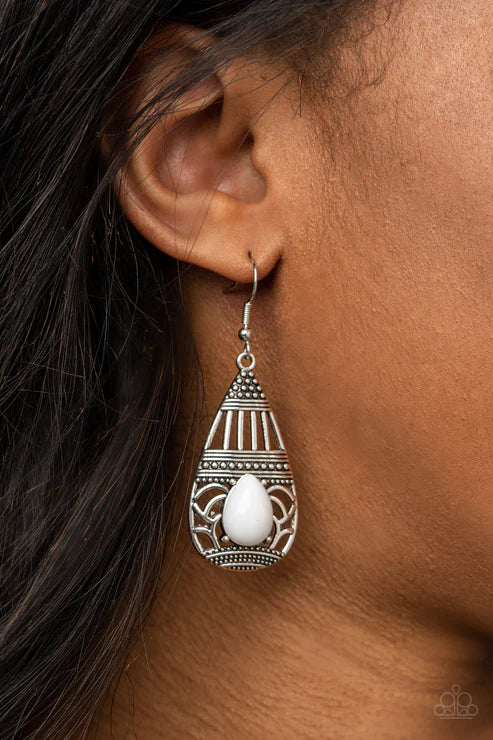 Eastern Essence - White Ornately Studded/Embellished Stenciled Teardrop Earrings E#5860