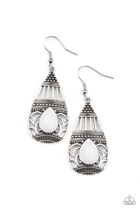 Eastern Essence - White Ornately Studded/Embellished Stenciled Teardrop Earrings E#5860