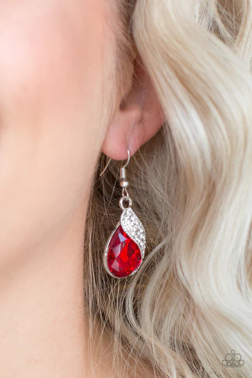 Easy Elegance - Red Faceted Wrapped Encrusted Ribbon Teardrop Earrings E#6057