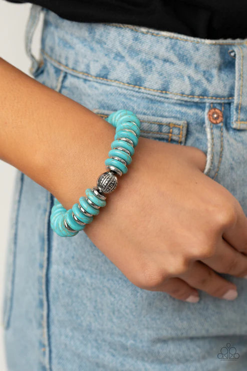 Eco Experience - Blue/Silver Stone Flanked Hammered Discs Accent Bracelet B#7402