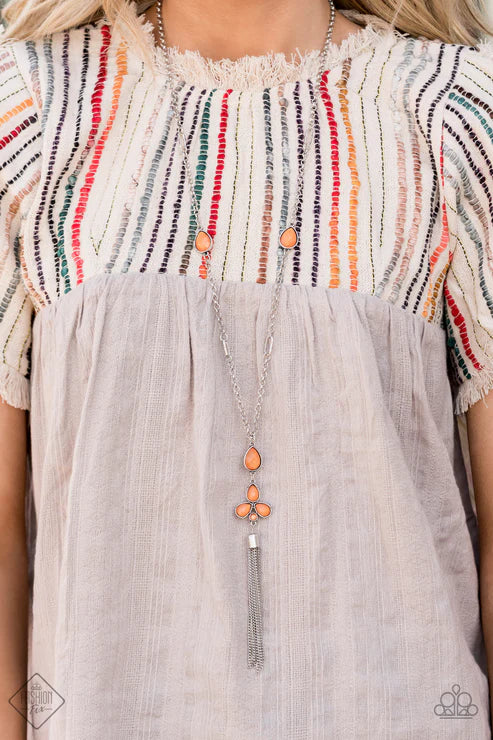 Eden Dew - Orange Cluster Dewy Orange Peel Teardrop Coalesces Embedded Airy Frames Dot Tassel Cascades Pendant Creating Ethereal Movement Necklace N#7363