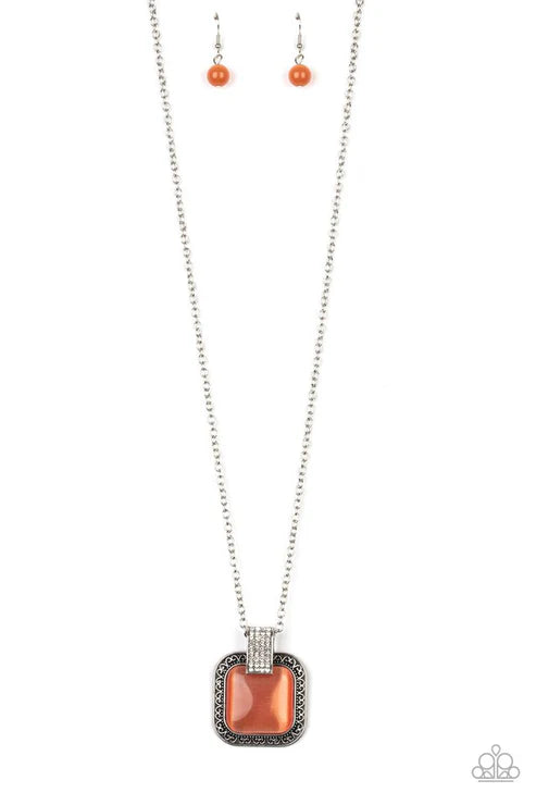 Effervescent Elegance - Oversize Orange Cat's Eye Moonstone Vine Filigree Encrusted Necklace N#5001
