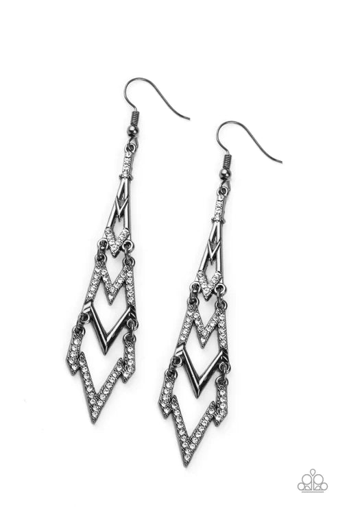 Electric Shimmer - Oversized Black/White ZigZag Electrifying Lure Encrusted Stacked Earrings E#3968