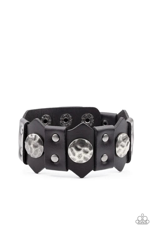 Electrified Edge - Oversized Black/Silver Antiqued Radical Hammered Studded Disc Leather Urban Bracelet B#4259