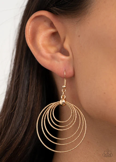 Elliptical Elegance - Gold Diamond Cut Ripped Textured Dizzy Hoop Earrings E#2711