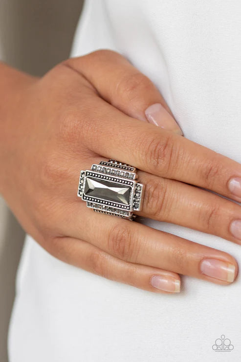 Empire - Silver Dotted/Studded Hematite Encrusted Stacked Emerald Cut Ring R#5899