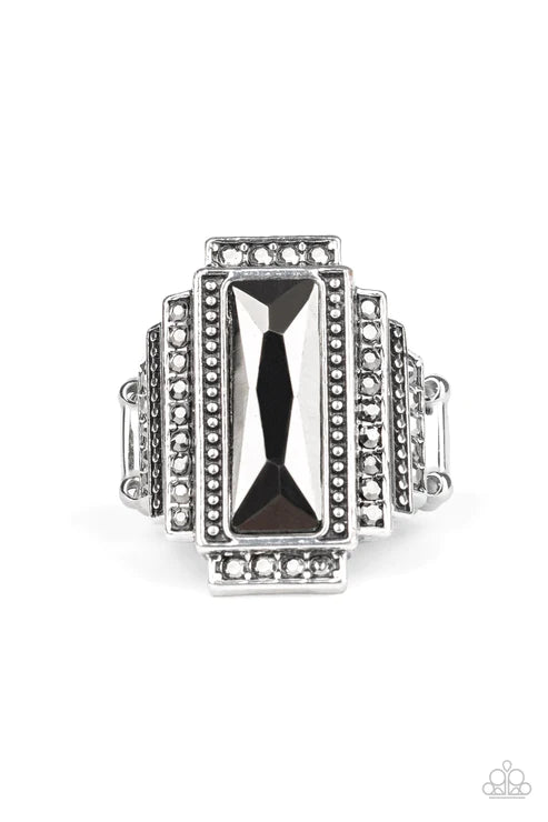 Empire - Silver Dotted/Studded Hematite Encrusted Stacked Emerald Cut Ring R#5899