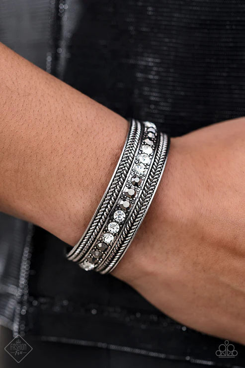 Empress Etiquette - Oversized Silver/White/Hematite Studded Encrusted Cuff Bracelet B#5862