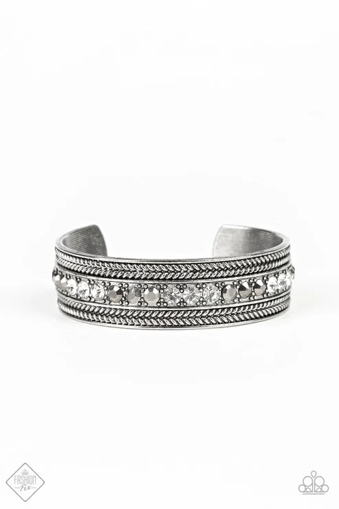 Empress Etiquette - Oversized Silver/White/Hematite Studded Encrusted Cuff Bracelet B#5862