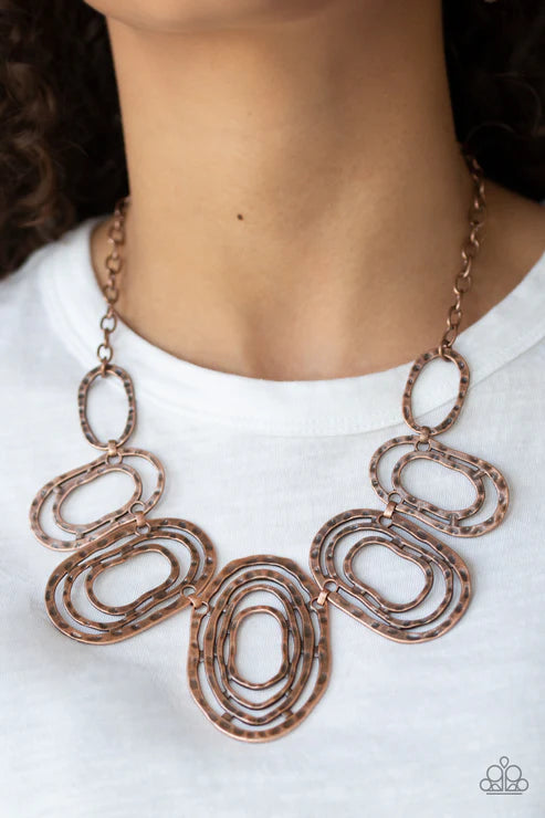 Empress Impressions - Oversized Copper Hammered Rippling Textures Coiling Rings Connect Necklace N#7315
