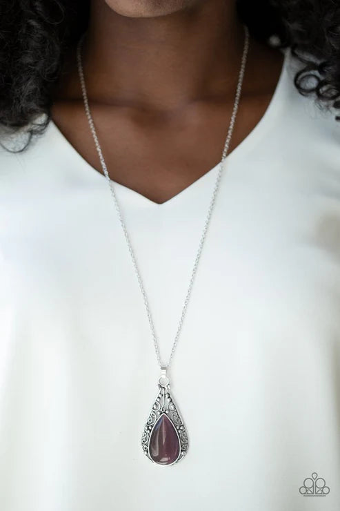 Enchanted Eden - Purple Cat's Eye Moonstone Filigree Vine Teardrop Necklace N#6712